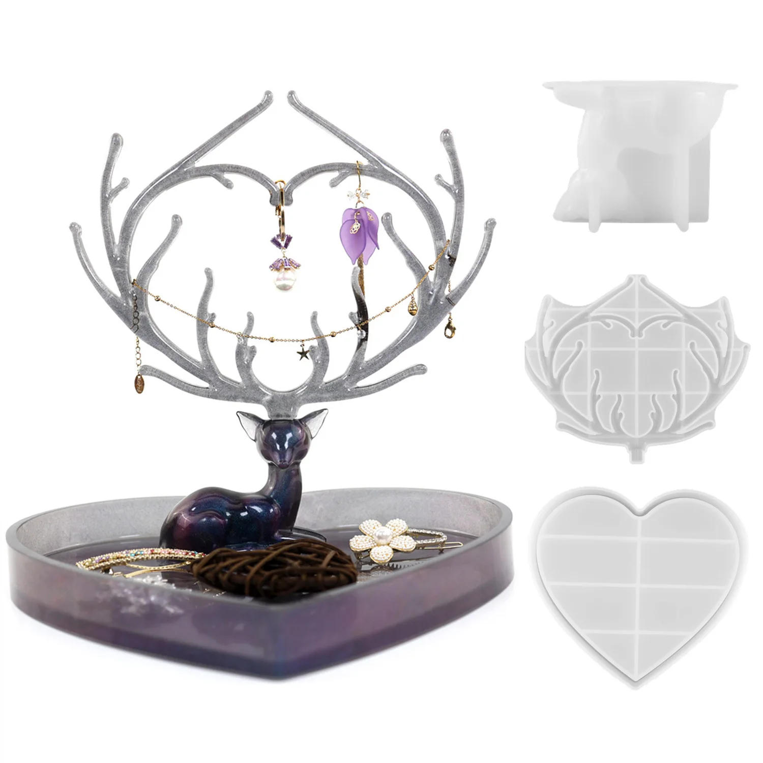 

3PCS/Set DIY Crystal Epoxy Resin Fawn Jewelry Rack Antler Tray Jewelry Rack Mirror Silicone Mold