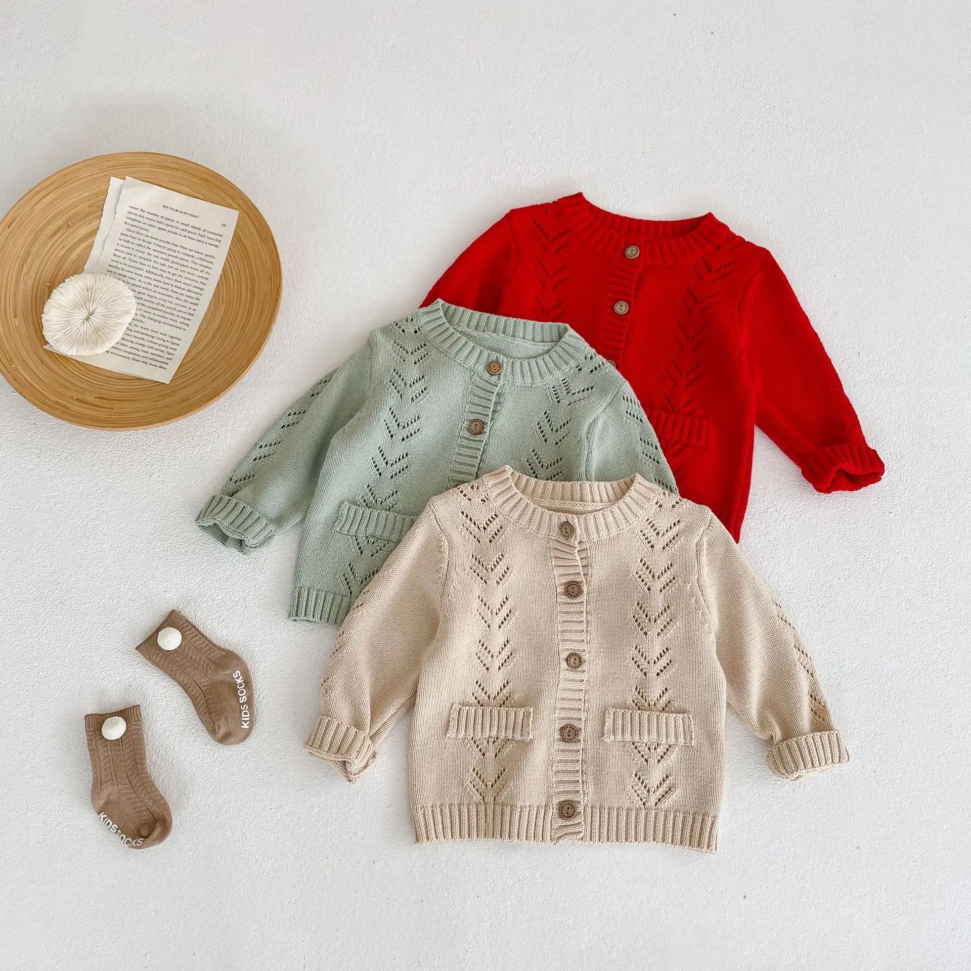 

2022 Autumn New Children Knitted Cardigan Hollow Out Sweater Boy Infant Pure Color Long Sleeve Tops Girl Toddler Cotton Coat