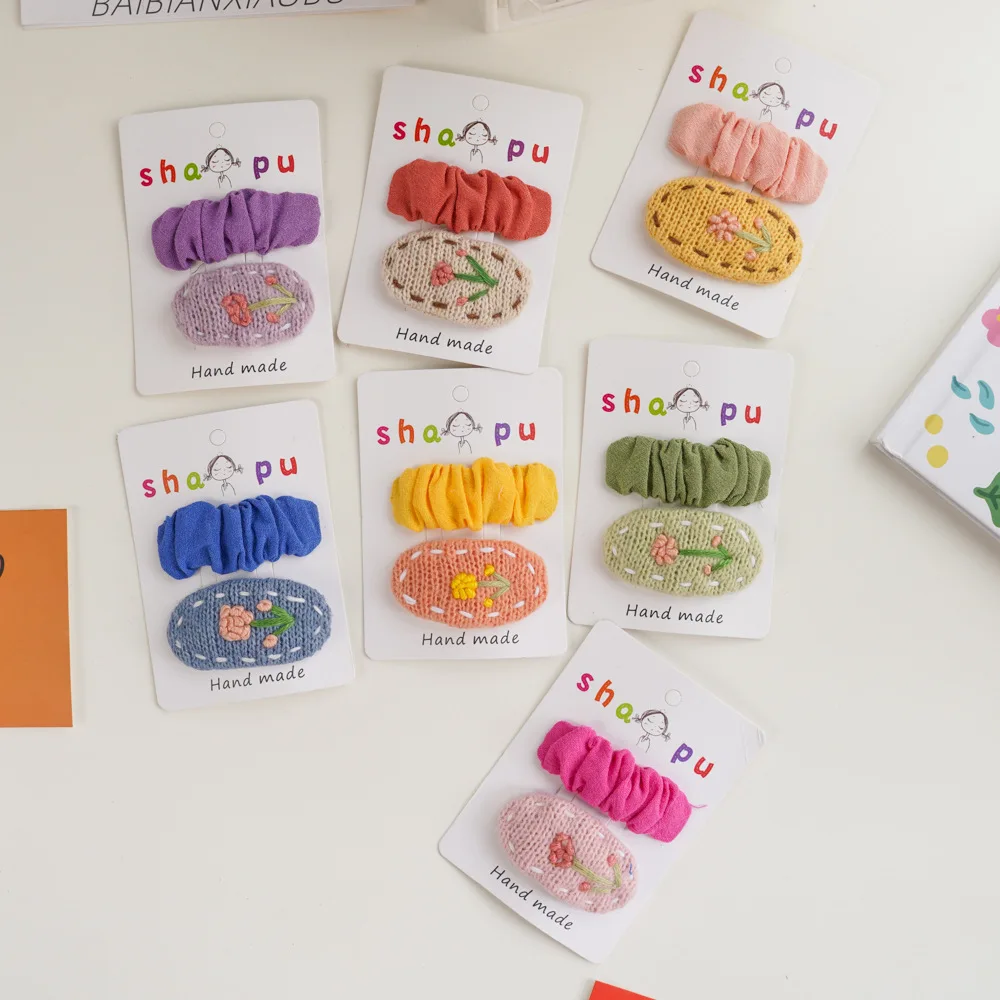 

2 Pcs New Korean Sweet Girl Princess Fashion Fabric Oval Hairpins Children's Simple Small Fresh Floral BB Clip Hair Accessories