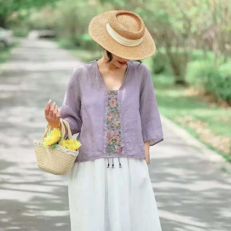 Рубашка женская с вышивкой Модная элегантная блуза из хлопка и льна квадратным