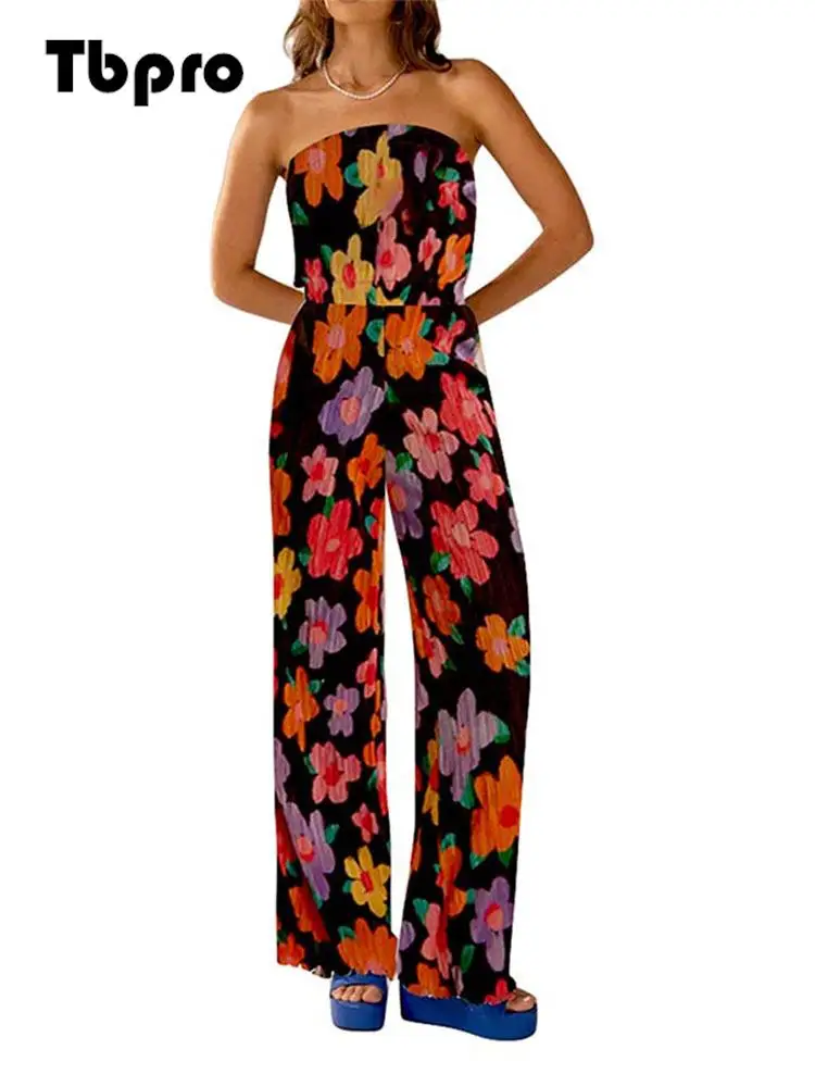 

Slot-neck Sleeveless Printed Women's Jumpsuits Straight Casual Pleated One Piece Trousers 2023 Lady's Summer Party Bodysuits