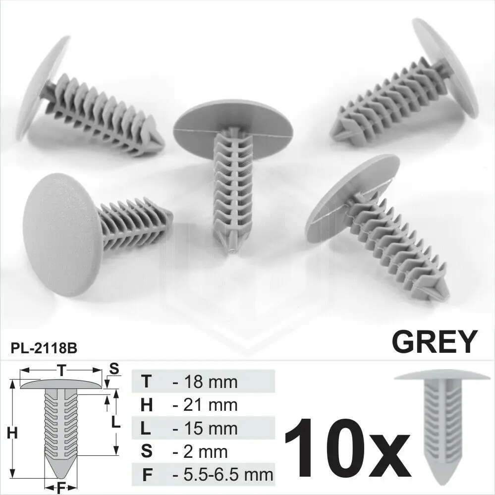 

10 x Grey Plastic Fir Tree Trim Clips 6mm Hole 18mm Head Car Van Push In Button