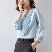 Women's Blouses Tops Silk Floral Printed Office Formal Casual Shirts Plus Large Size Spring Summer Sexy Femme Baby Blue Pleated