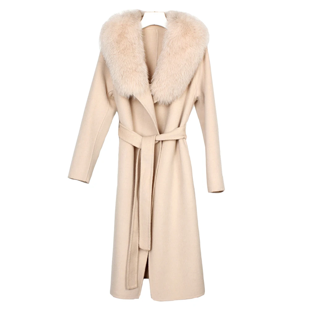Enlarge FURYOUME 2022 Winter New Real Fur Coat 100% Double Woolen Jacket Long Natural Fox Fur Collar Outerwear Ladies Streetwear Belt