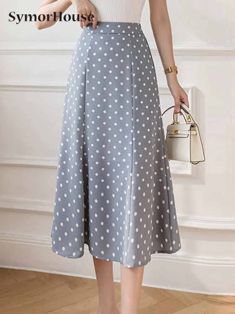 

Юбка женская в горошек, Модная элегантная офисная трапециевидная юбка-годе с завышенной талией и поясом на резинке, в Корейском стиле, лето-осень