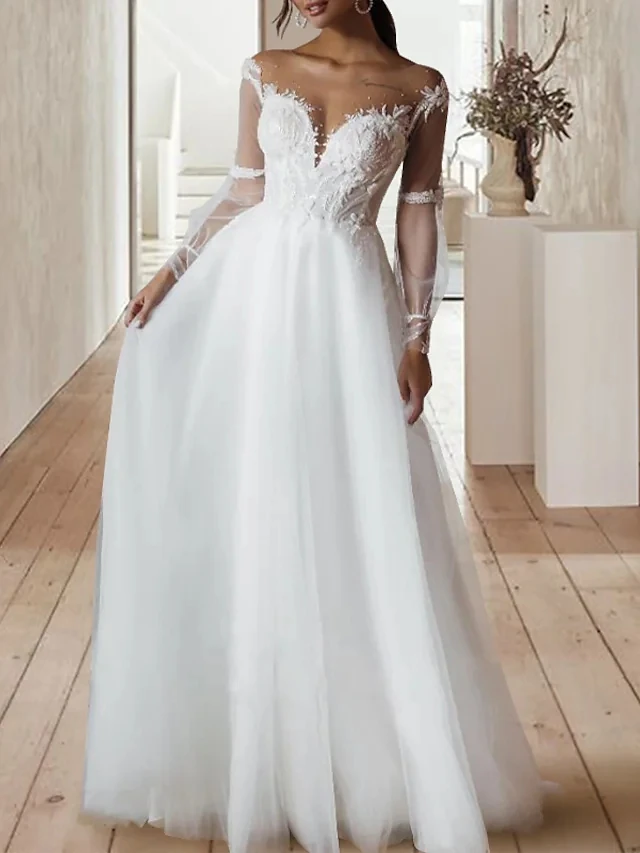 

Элегантное Длинное Свадебное платье принцессы трапециевидной формы с драгоценным вырезом кружевной тюль со шлейфом с длинным рукавом с от...