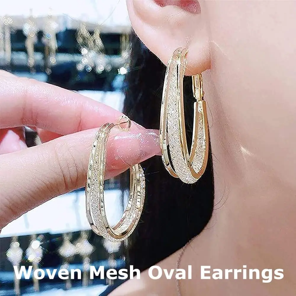 

New 925 Big Hoop Earrings Woven Mesh Oval Earrings 1.78inch Mesh Crystal Earrings Shining Luxury Round Diamond Eardrop