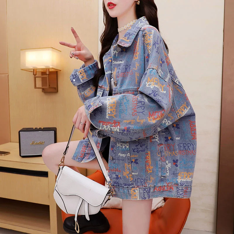

Hip Hop Denim Coat In Early Autumn Women 2022 New Korean Loose Design Sense Casual Top Letter Tie-dyed Print Fashion Cowboy Coat