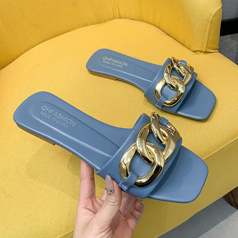 

BIKINIKEY Sandals and Slippers Women Wear 2022 New Summer Square Head Beach Shoes Flat No Heel