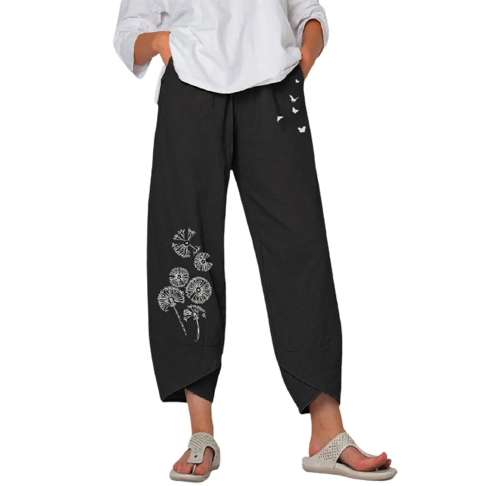

2023 Summer Women Cotton Linen Harem Pants Comfort Elastic Waist Pockets Loose Wide Leg Trousers Vintage Printed Cropped Pants