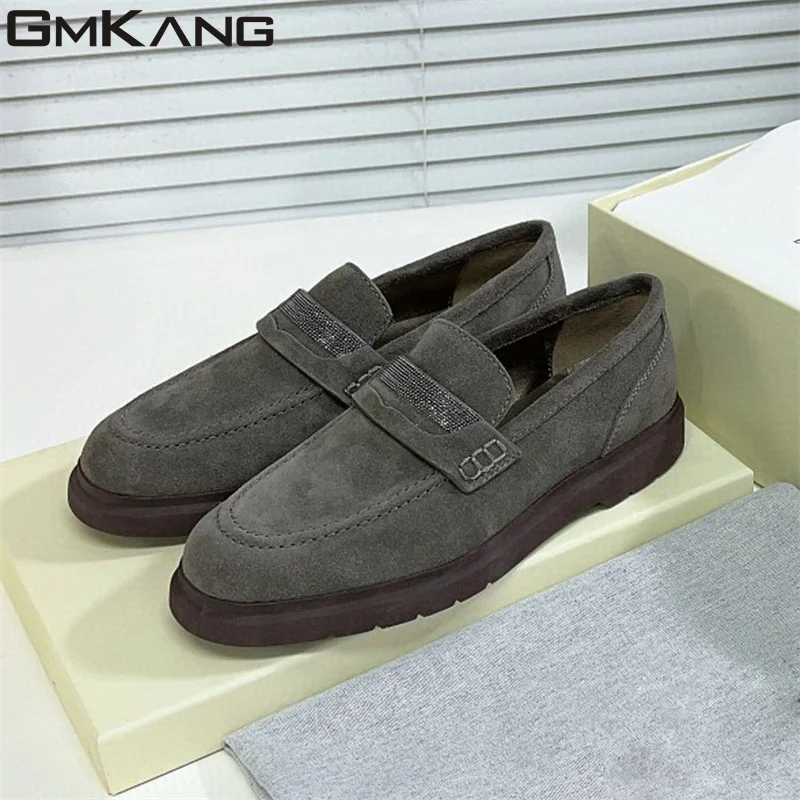 2023 New Flat Shoes Women Cow Suede British Style Shoes Chain Decorate Loafers Woman Casual Comfort Walk Shoes Woman
