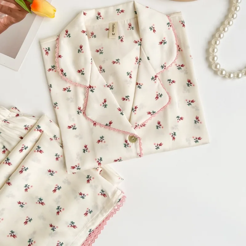

Летняя пижама с принтом, комплект из двух предметов, интимное нижнее белье, Пижамный костюм с отложным воротником и коротким рукавом, женская одежда для сна, атласная домашняя одежда