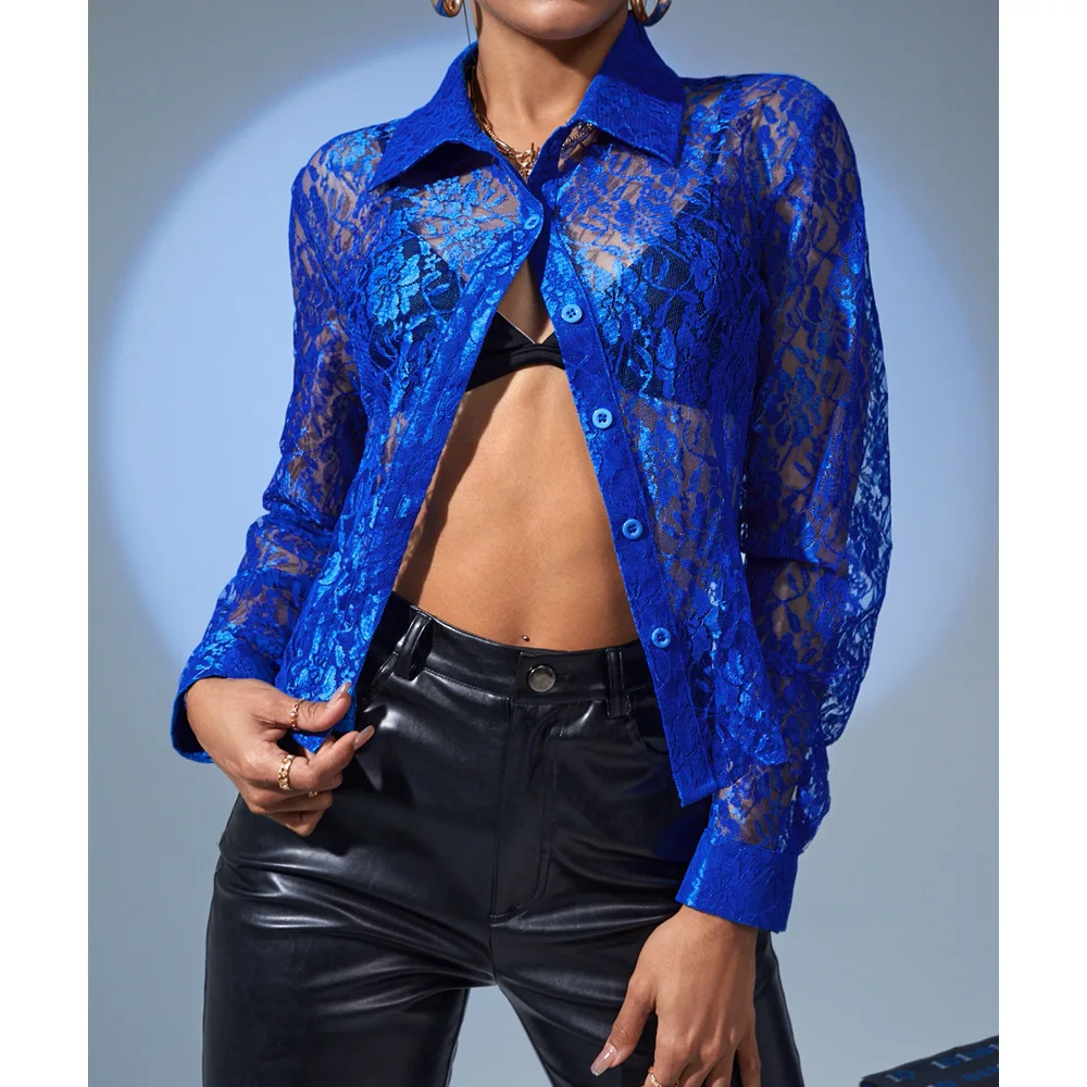 

Spring Summer Breathable Lace Shirts For Women Fashion Hollow Sexy Beach Club Streetwear Personality Long Sleeve Female Blouse