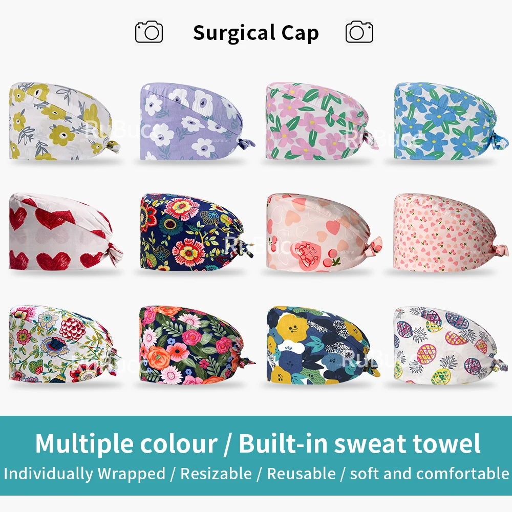 

Pure Cotton Flower Print Nurse Cap Adjustable Pet Hospital Work Hats Unisex Surgical Doctor Nurse Cap Beauty Pharmacy Scrub Hats