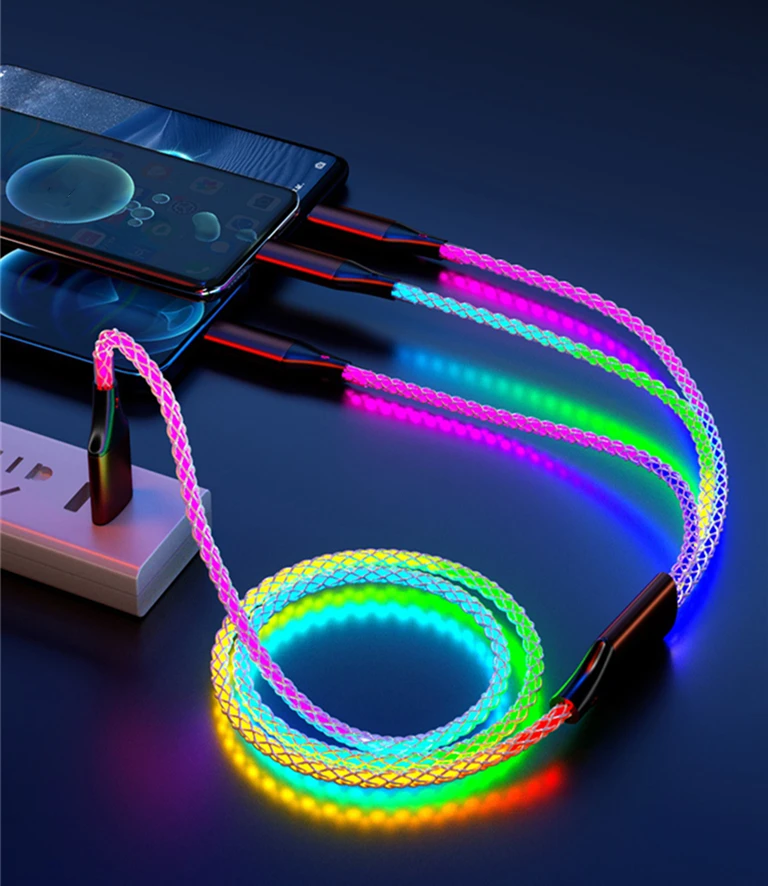 3 in 1 RGB Fast Charging Date Cable Flow Cool Colorful Streamer Glowing Line For iPhone Huawei Xiaomi Type-C USB C Charger