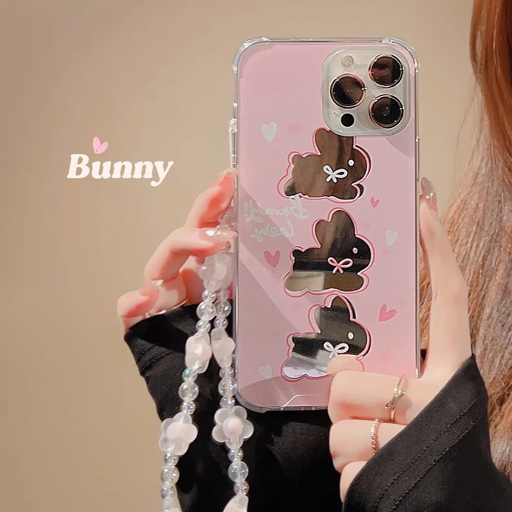 

Pink Bunny Mirror Phone Case with Lanyard for IPhone 14 13 12 11 Pro Mini XS Max 8 7 Plus X SE 2020 XR Shockproof Cover
