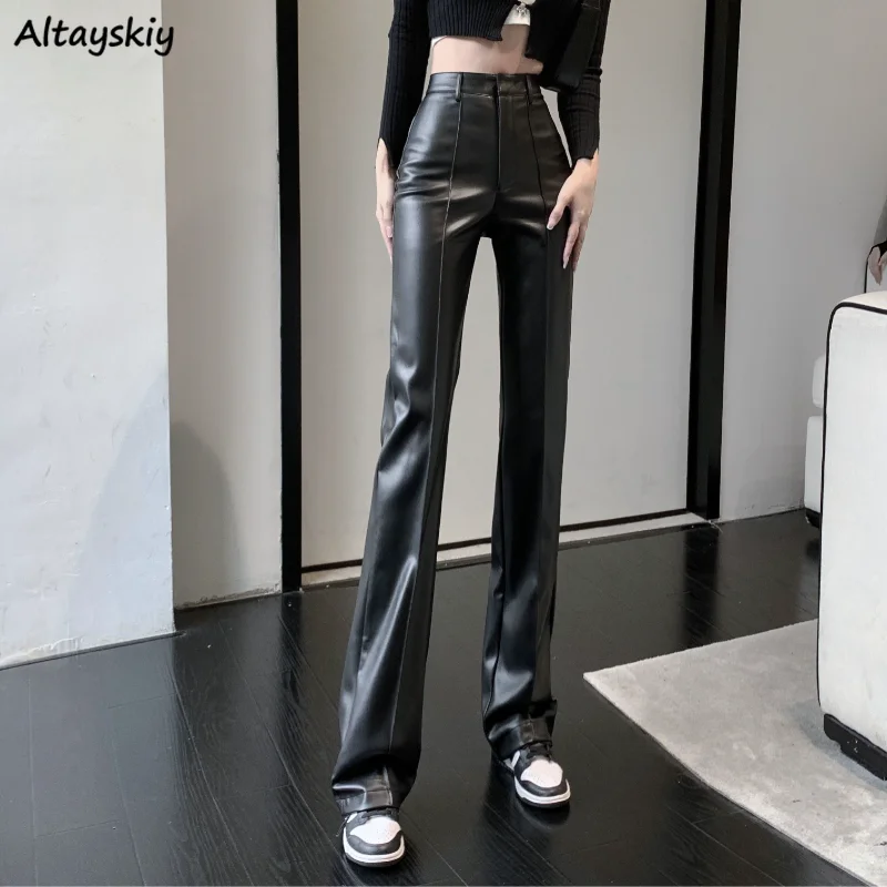 

PU Pants Women High Waist Street Tender Ladies Hipster Stylish Solid All-match Korean Version Slim Popular Casual Mujer Trouser