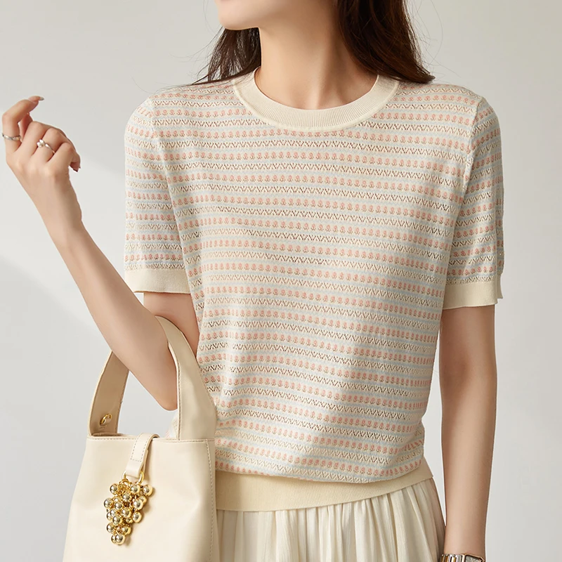 

Striped Print Knitted T Shirt For Women Tee Shirt Femme Short Sleeve Summer Tops Hollow Out Woman Tshirts Clothes Camiseta Mujer