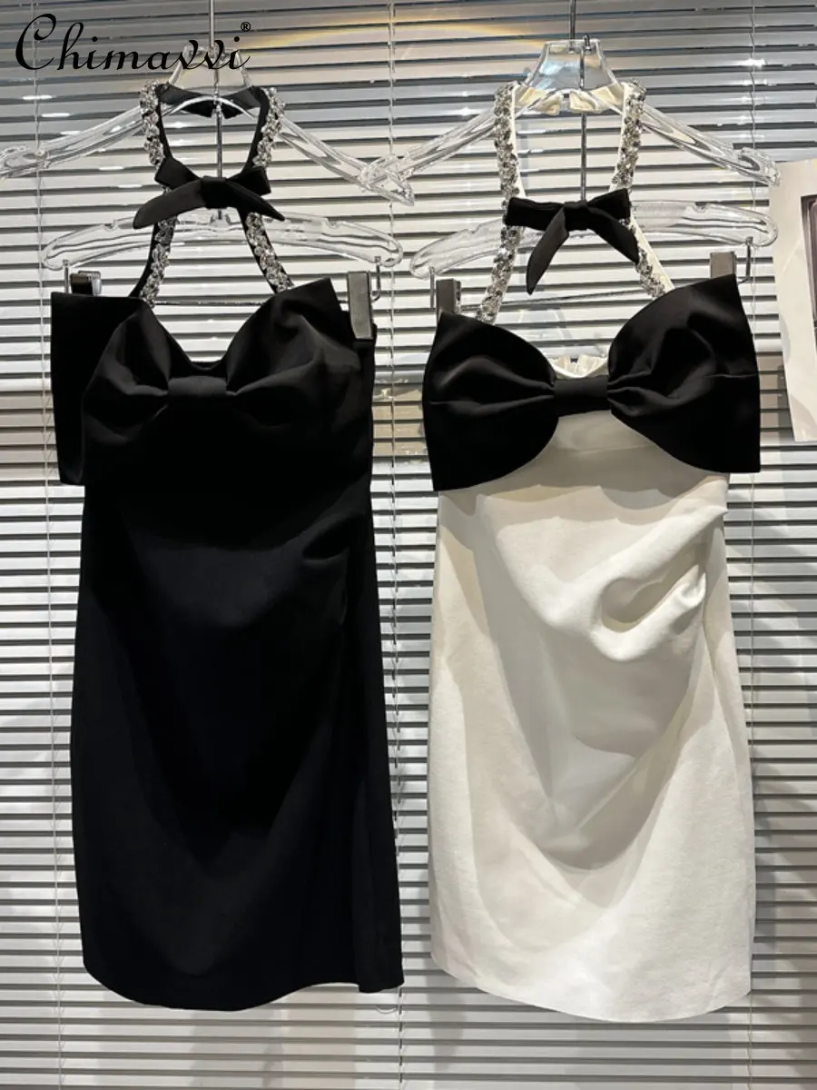 

2023 Summer Dresses New Fashion Rhinestone Shoulder Strap Chest Bow Dress for Women Slim Temperament Sexy Socialite Dress