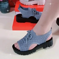 summer comfortable and casual round toe woven mid heel wedge heel fashion casual comfortable all match lace up sandals for women