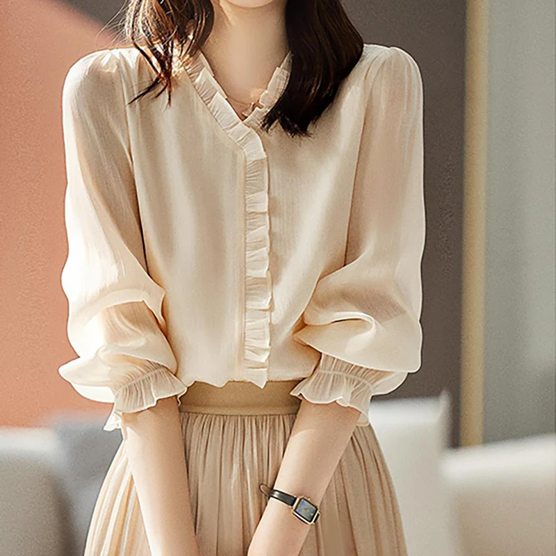 Элегантные однотонные милые блузки с v-образным вырезом и оборками женская