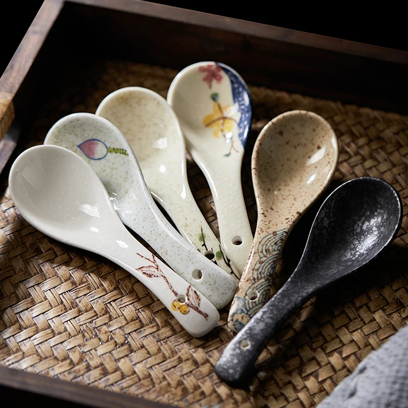 

6PCS/Lot Vintage Rice Spoons Japanese Ceramic Small Soup Spoons Creative Scoop Home Dinnerware Accessories Tableware Supplies
