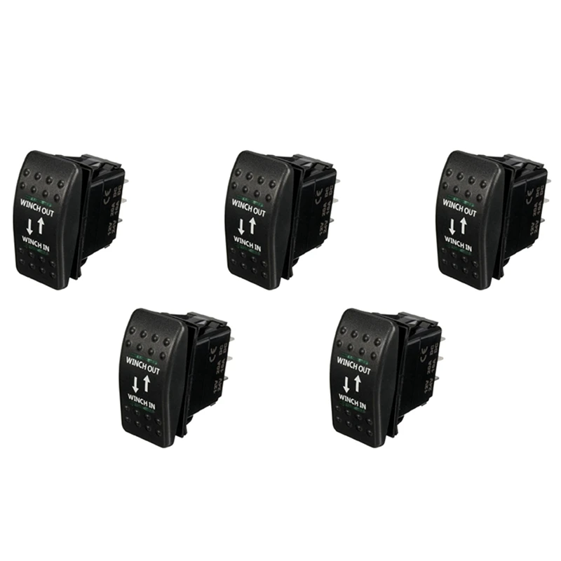 

5X 12V 20A Winch In Winch Out ON-OFF-ON Rocker Switch 7 Pin LED Green
