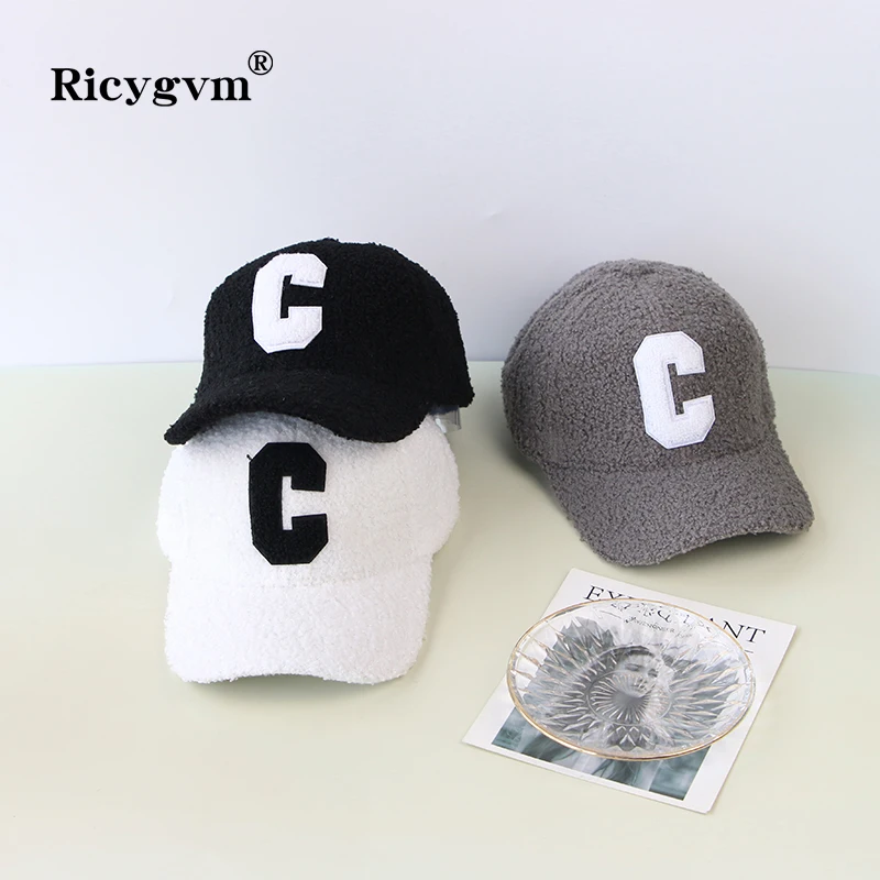 

Letter C Lamb Wool Baseball Cap for Man And Women Solid Color Winter Autumn Warm Snapback Hats unisex Outdoor Visor cap Gorras
