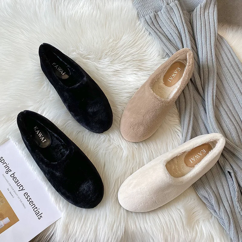 Winter White Wool Fur Shoes Woman Soft Fluffy Flats Home Warm Plush Cotton Loafers Fleece Lambswool Moccasins Femmes Furry Boots