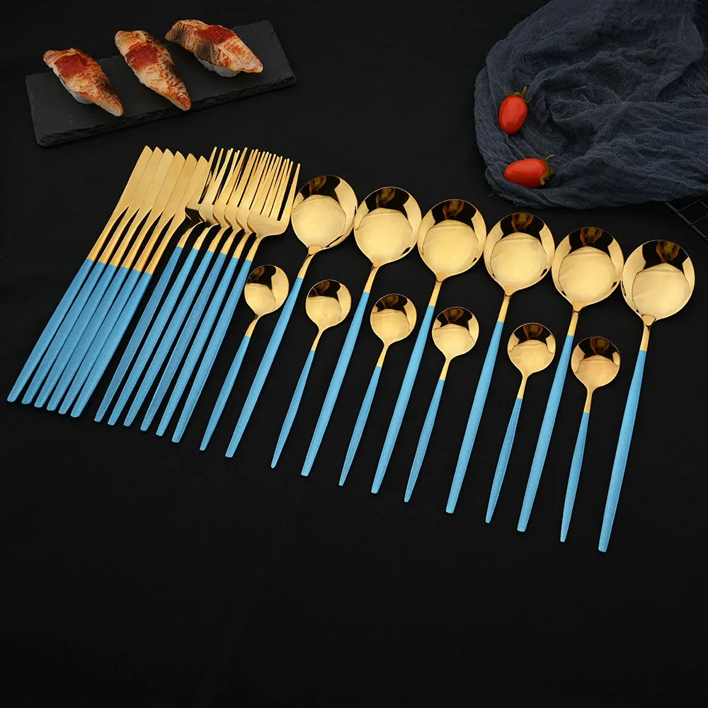 24Pcs Western Cutlery Set Dinnerware Blue Gold Stainless Steel Mirror Flatware Tableware Steak Knife Fork Tea Spoon Kitchen Set