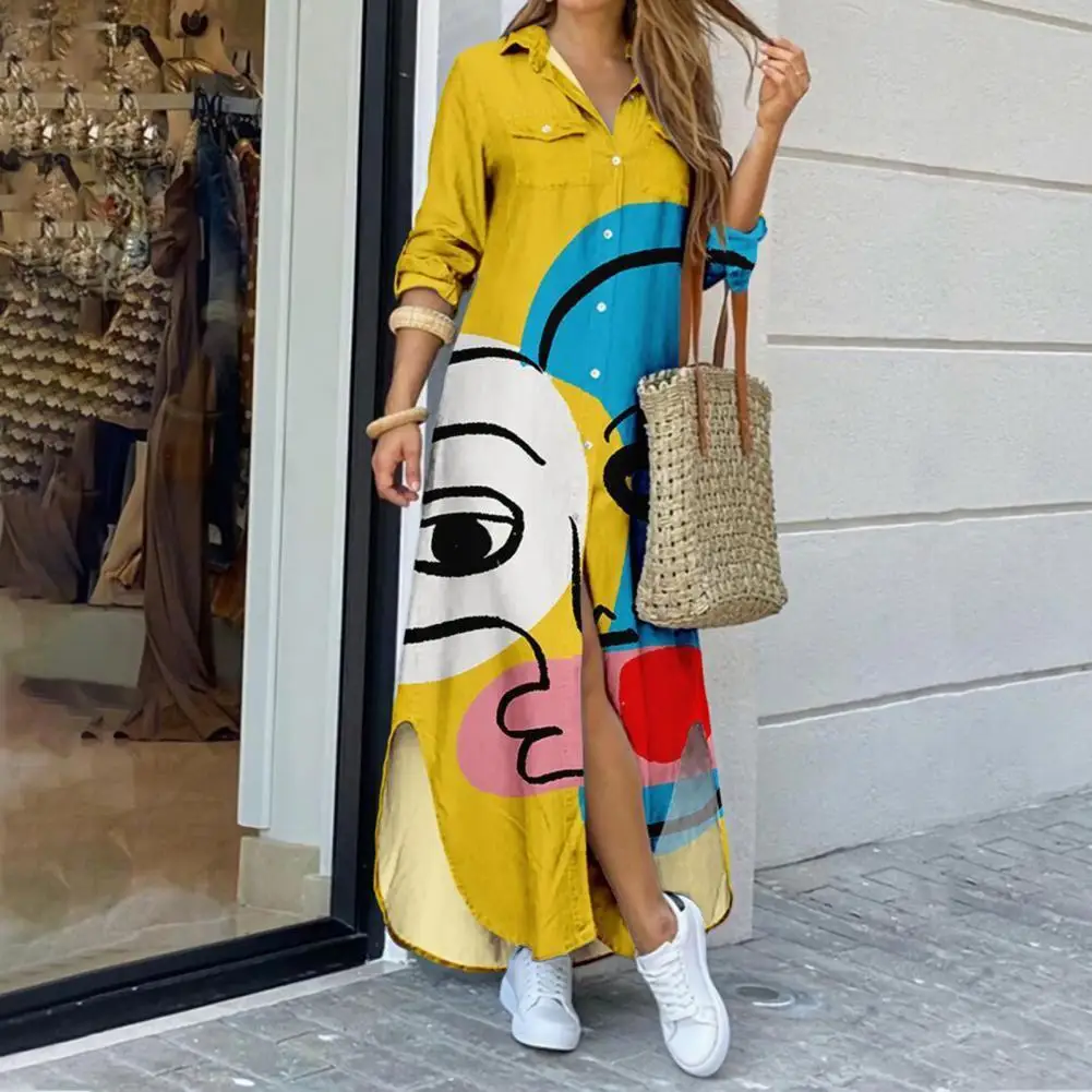 

Contrast Colors Lady Dress Patchwork Abstract Pattern Women Dress Spring Summer Cardigan Long Dress Trendy Long Sleeve Dress