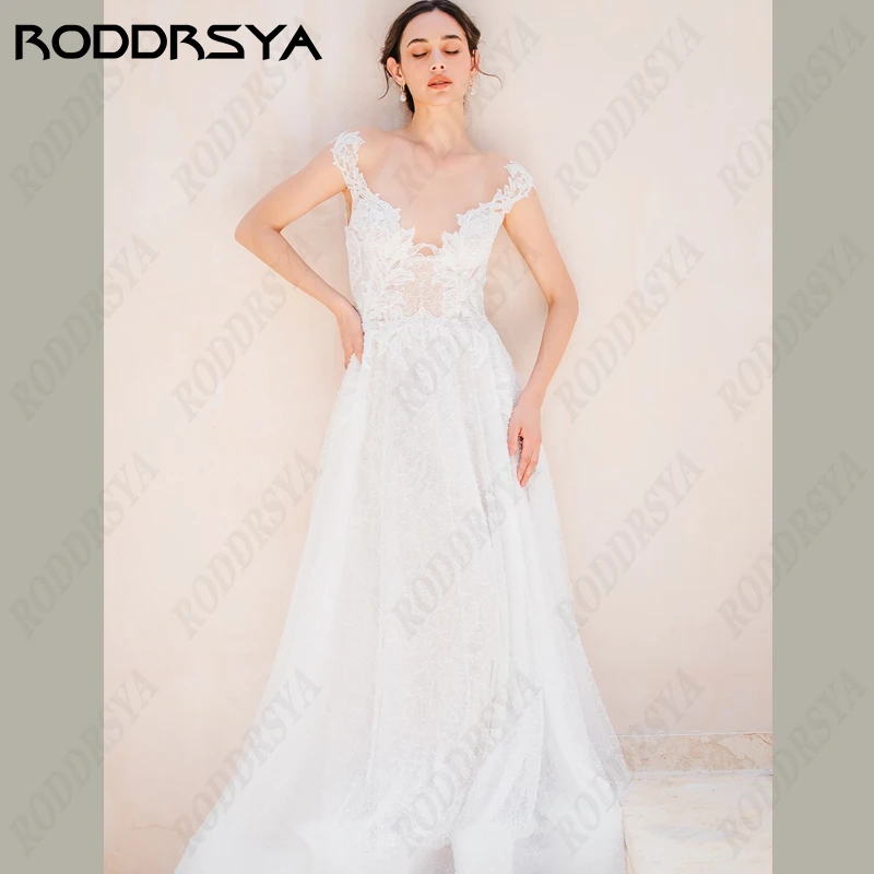 

RODDRSYA Off Shoulder V-Neck Wedding Dress For Women Boho Civil Illusion Back Bridal Gown Sleeveless A-Line Lace Robe De Mairee