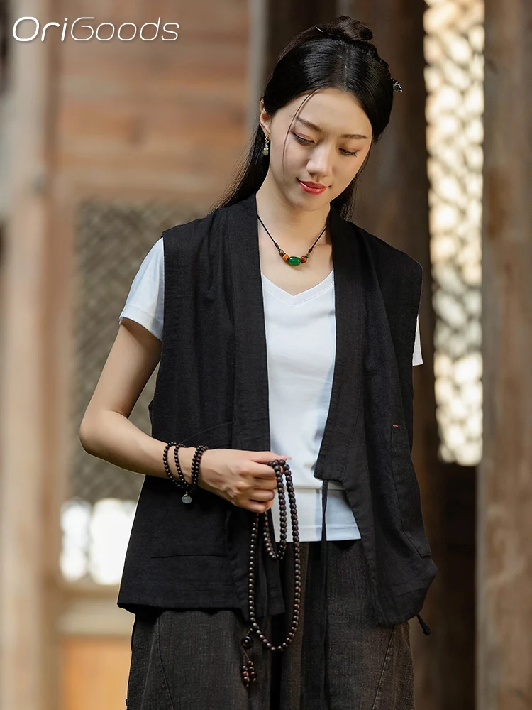 OriGoods Ramie жилет женский рубашка без рукавов в китайском стиле 2024 новый свободный