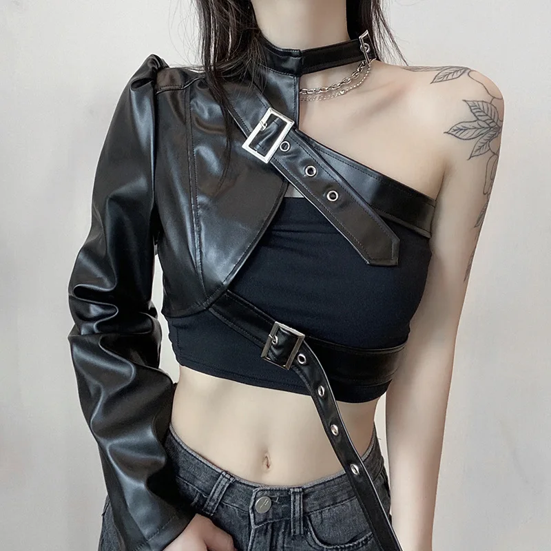 

EMO Black PU Leather Jacket Women One Shoulder Buckle Gothic Outfits Egirl Punk Techwear Cropped Jackets Grunge Accessories Y2K