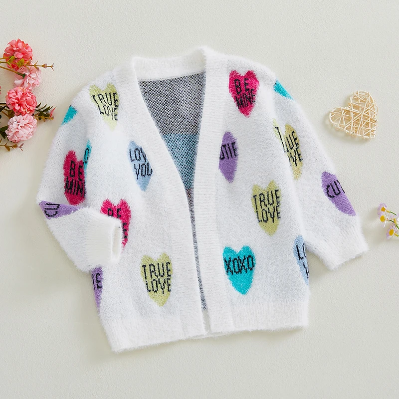 Baby Girls Cardigan Sweater Valentine Outfits Heart Letter Print Warm Knitted Long Sleeves Infant Knitwear for Toddler