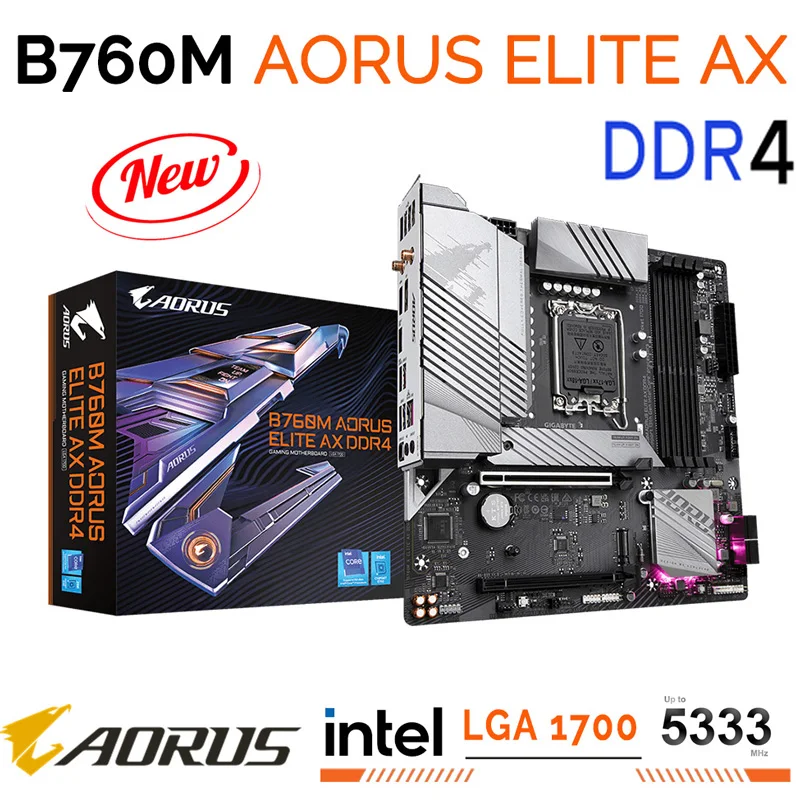 

GIGABYTE B760M AORUS ELITE AX DDR4 Intel B760 Motherboard LGA 1700 i3 i5 i7 i9 Processor PCIe 4.0 2.5GbE LAN Wi-Fi 6E Smart Fan