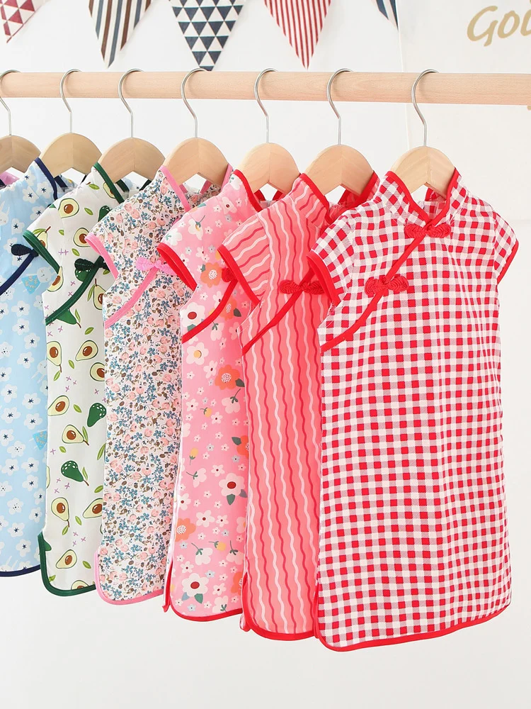 

Cotton cheongsam ethnic girl dress short sleeve