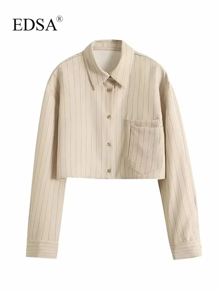 

Женская укороченная рубашка EDSA, элегантная полосатая рубашка с длинными рукавами и манжетами, с нагрудными прорезными карманами, с пуговиц...