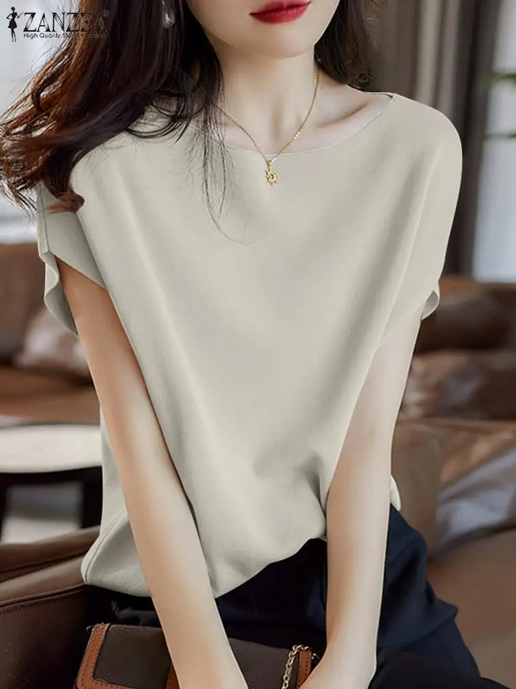 

Модные однотонные топы ZANZEA 2022, женские летние блузки, блузы с коротким рукавом, Женская Повседневная Туника с круглым вырезом, рубашка оверс...