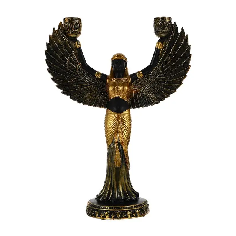 

Egyptian Holder Statue Goddess Isis Figurine Sculpture Candlestick Holders Resin Decor Metal Home Winged Theme Pillar Ancient