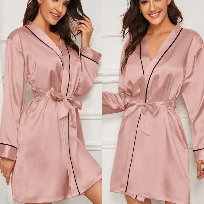 

Bridal Wedding Kimono Robe Gown With Belt Satin V-Neck Sleepwear Lingerie Sexy Bridesmaid Bathrobe Loungewear Loose Nightgown