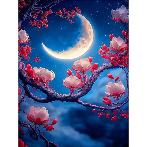 Алмазная живопись «сделай сам», Набор для вышивки крестиком в виде Луны, ночи, цветущей вишни, дерева, ландшафта, настенное искусство, домашний декор ручной работы
