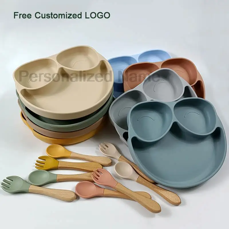 Personalized Name Baby Frog Dinner Plate Feeding Bowl Children Silicone Suction Cups Dinner Plate Spoon Fork Feeding Set For Kid