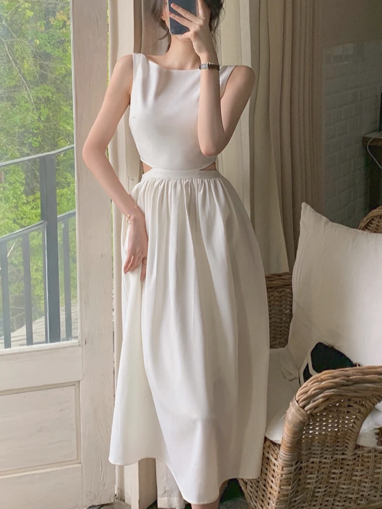 

Женское офисное платье средней длины, белое повседневное приталенное платье в пляжном стиле, Корейская одежда для вечерние, облегающее пла...