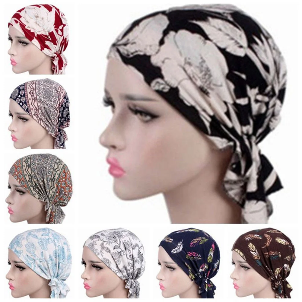

New 2022 fashion print woman turban hat soft elastic flowers lady muslim headdress wrap head scarf hijab caps turbante female