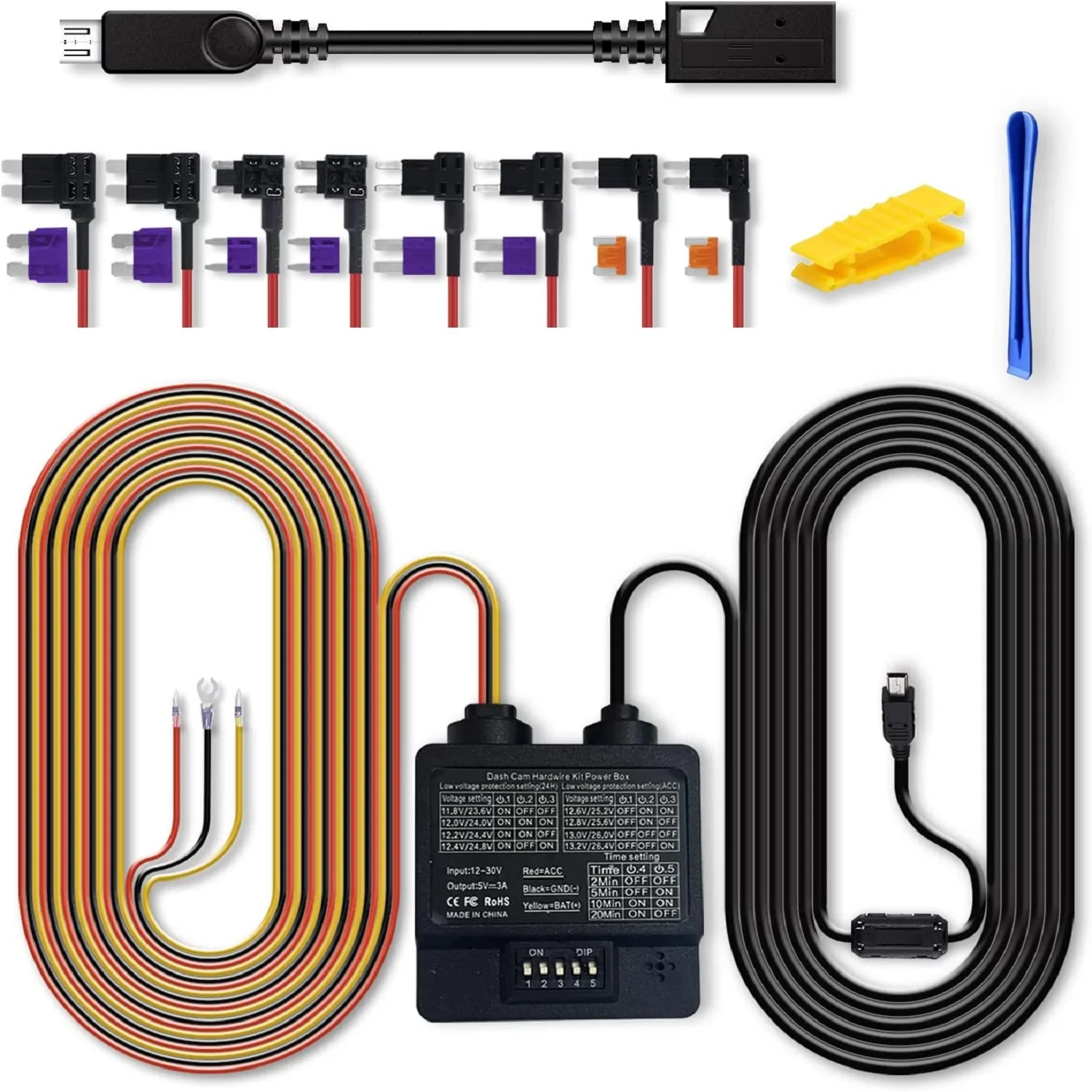 

Hardwire Kit Box for Dash Cam 24 Hours Parking Monitor Recorder Mini and Micro USB Buck Line Power Cable Low-Voltage Protection