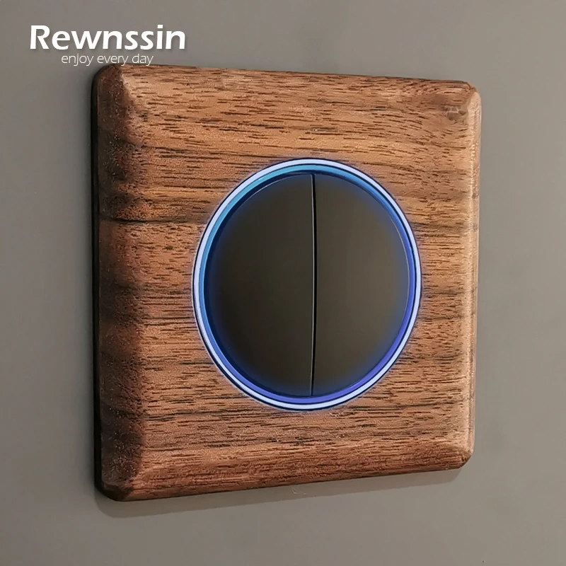 

Rewnssin Light Switches Black Walnut Solid Wood Panel LED Large Aperture Random Click 1 2 3 4 Gang 1 2 Way Push Button Switches