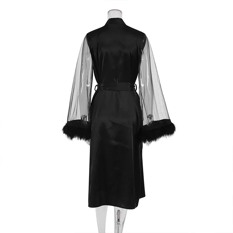 Feather Fur Robe Silk Satin Bridal Dressing Gown Sexy Illusion Lingerie Nightgown Bathrobe Sleepwear