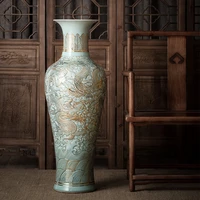 jingdezhen ceramics powder celadon glaze carved dragon pattern light luxury gold painting large vase decoration living room