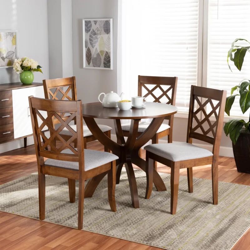 

Baxton Studio Beth Modern and Contemporary Grey Fabric Upholstered and Walnut Brown Finished Wood 5-Piece Dining Set